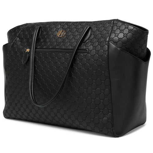 ELLE Compass 32L Vegan Leather Monogram Weekender Tote Bag in black, featuring laptop pocket