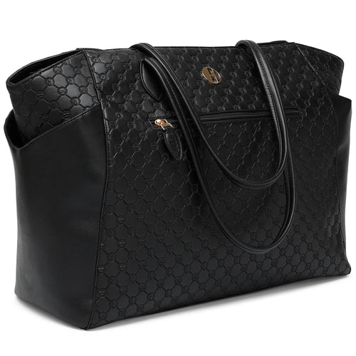 ELLE Compass 32L Vegan Leather Monogram Weekender Tote Bag in black, featuring laptop pocket