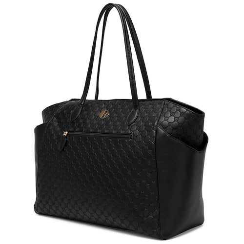 ELLE Compass 32L Vegan Leather Monogram Weekender Tote Bag in black, featuring laptop pocket