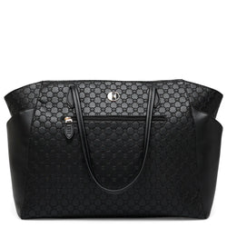 ELLE Compass 32L Vegan Leather Monogram Weekender Tote Bag in black, featuring laptop pocket