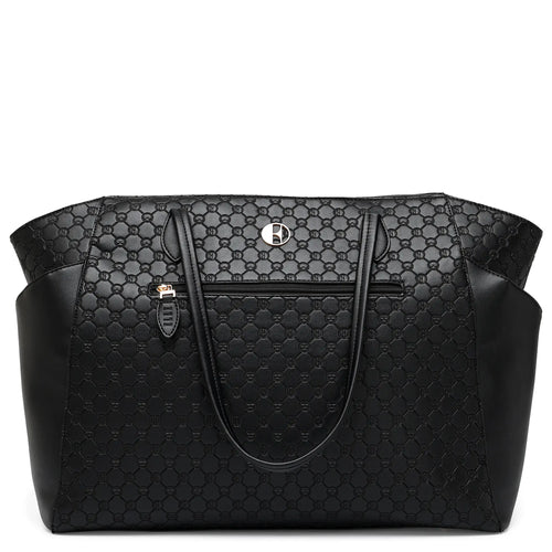 ELLE Compass 32L Vegan Leather Monogram Weekender Tote Bag in black, featuring laptop pocket