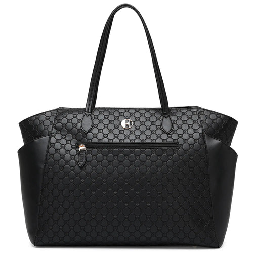 ELLE Compass 32L Vegan Leather Monogram Weekender Tote Bag in black, featuring laptop pocket