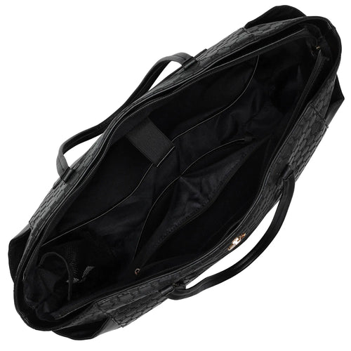 empty interior of Compass 32L Vegan Leather Monogram Weekender Tote Bag showing laptop pocket