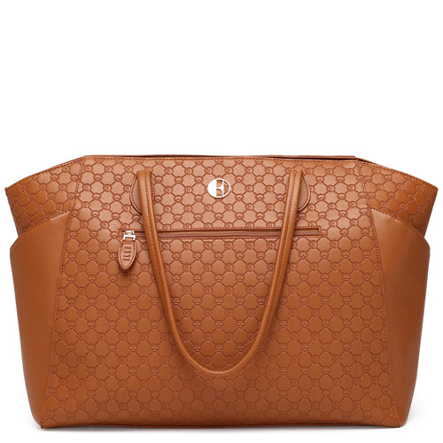 ELLE Compass 32L Vegan Leather Monogram Weekender Tote Bag in black, featuring laptop pocket