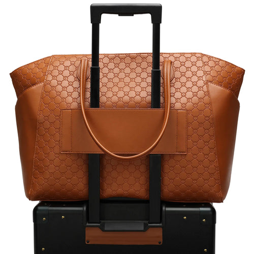 ELLE Compass 32L Vegan Leather Monogram Weekender Tote Bag with trolley sleeve attachment