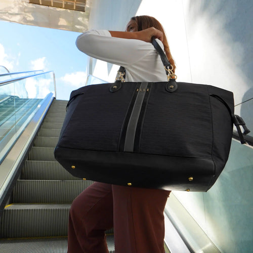 ELLE Eleganza 32L Monogram Weekender Tote Bag in brown demonstrating practical use