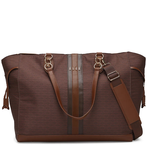 ELLE Eleganza 32L Monogram Weekender Tote Bag in brown, featuring laptop pocket - premium ELLE collection