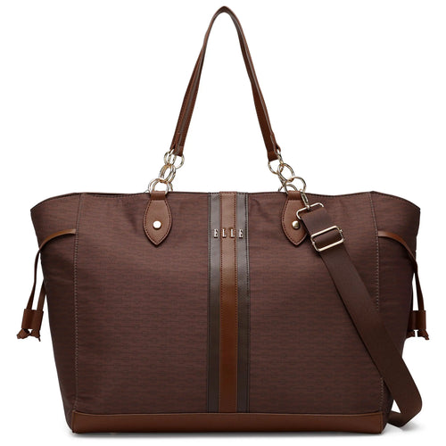 ELLE Eleganza 32L Monogram Weekender Tote Bag in brown, featuring laptop pocket - premium ELLE collection