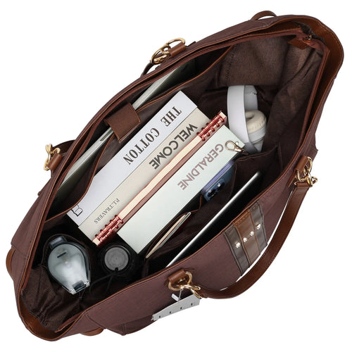 interior of Eleganza 32L Monogram Weekender Tote Bag showing laptop pocket - premium ELLE collection