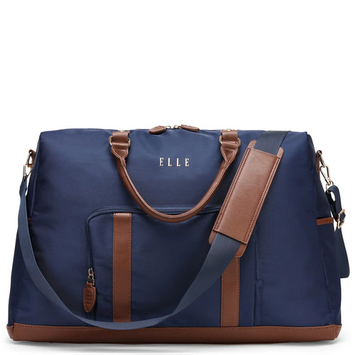 ELLE Luxe Journey 30L Twill and Vegan Leather Weekender Duffel Bag in black, featuring laptop pocket