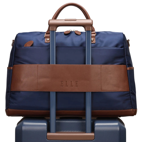 ELLE Luxe Journey 30L Twill and Vegan Leather Weekender Duffel Bag with trolley sleeve attachment