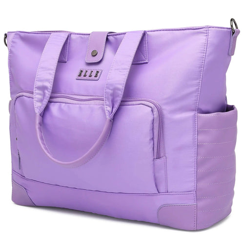 ELLE Voyage 25L Twill and Vegan Leather Weekender Tote Bag in lavender, featuring laptop pocket