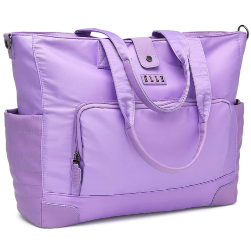 ELLE Voyage 25L Twill and Vegan Leather Weekender Tote Bag in lavender, featuring laptop pocket