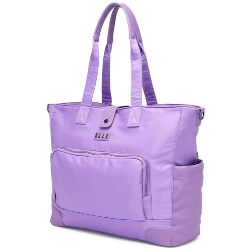 ELLE Voyage 25L Twill and Vegan Leather Weekender Tote Bag in lavender, featuring laptop pocket