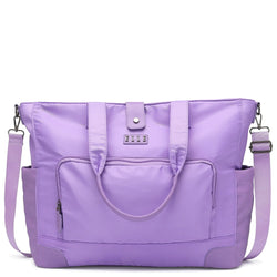 ELLE Voyage 25L Twill and Vegan Leather Weekender Tote Bag in lavender, featuring laptop pocket