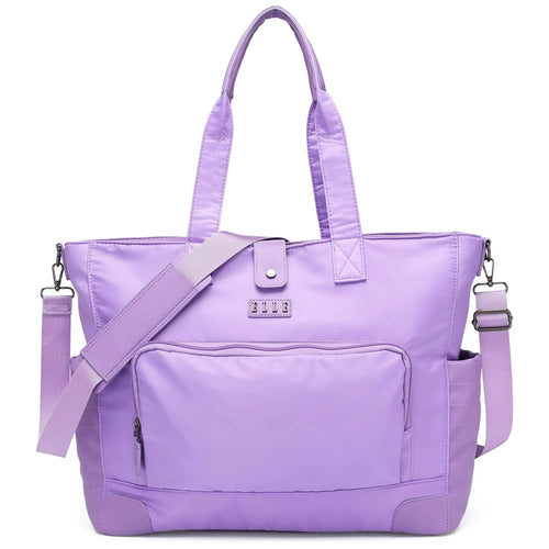 ELLE Voyage 25L Twill and Vegan Leather Weekender Tote Bag in lavender, featuring laptop pocket
