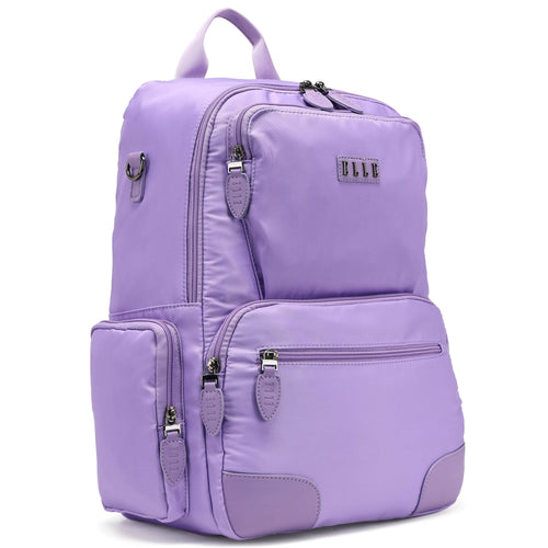 ELLE Voyage 20L Twill and Vegan Leather Backpack in lavender, featuring laptop pocket