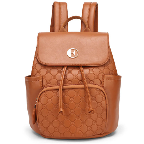 ELLE Compass 10L Vegan Leather Monogram Mini Backpack in brown, featuring compact