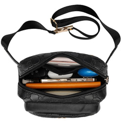 interior of Compass 1.6L Vegan Leather Monogram Crossbody Bag | Black showing storage options