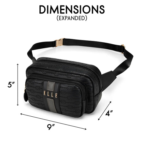 Dimensions and specifications for ELLE Eleganza 1.6L Vegan Leather Monogram Crossbody / Belt Bag | Black