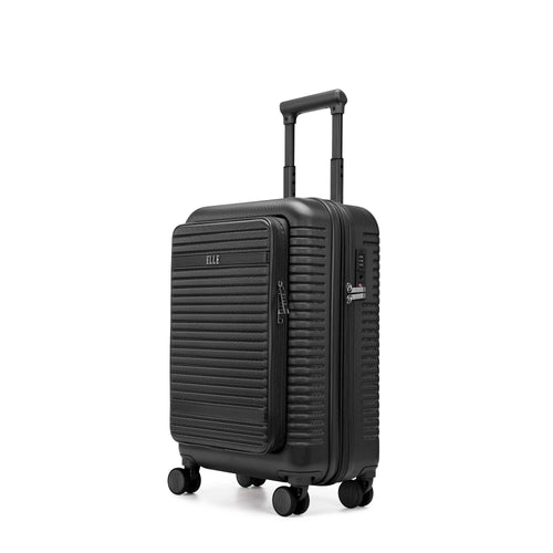 Angle view of ELLE Escape Expandable Carry-on Suitcase with Front Laptop Pocket in white