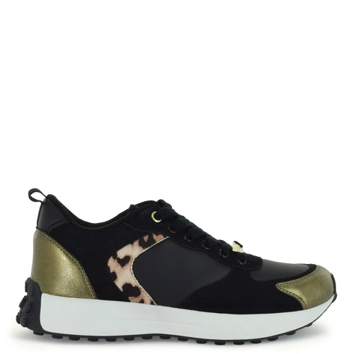 Black and gold sneaker with leopard print accents on a white background