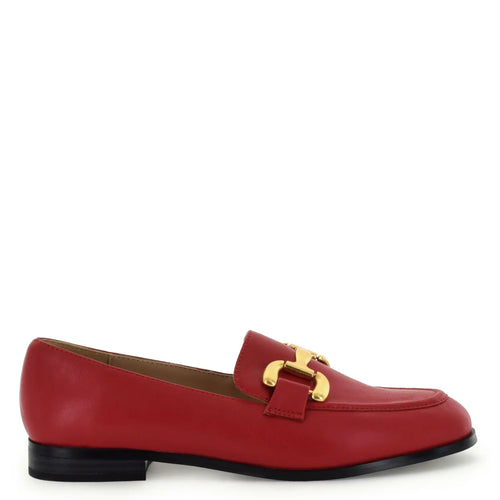 Red loafer shoe with a gold buckle on a white background